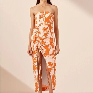 Shona Joy Orange and White Asymmetrical Ruched Strapless Dress